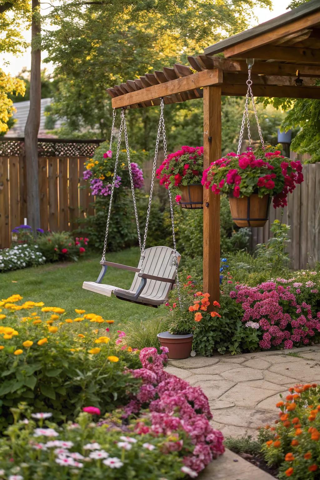 Colorful flowers and hanging planters surrounding a swing set.