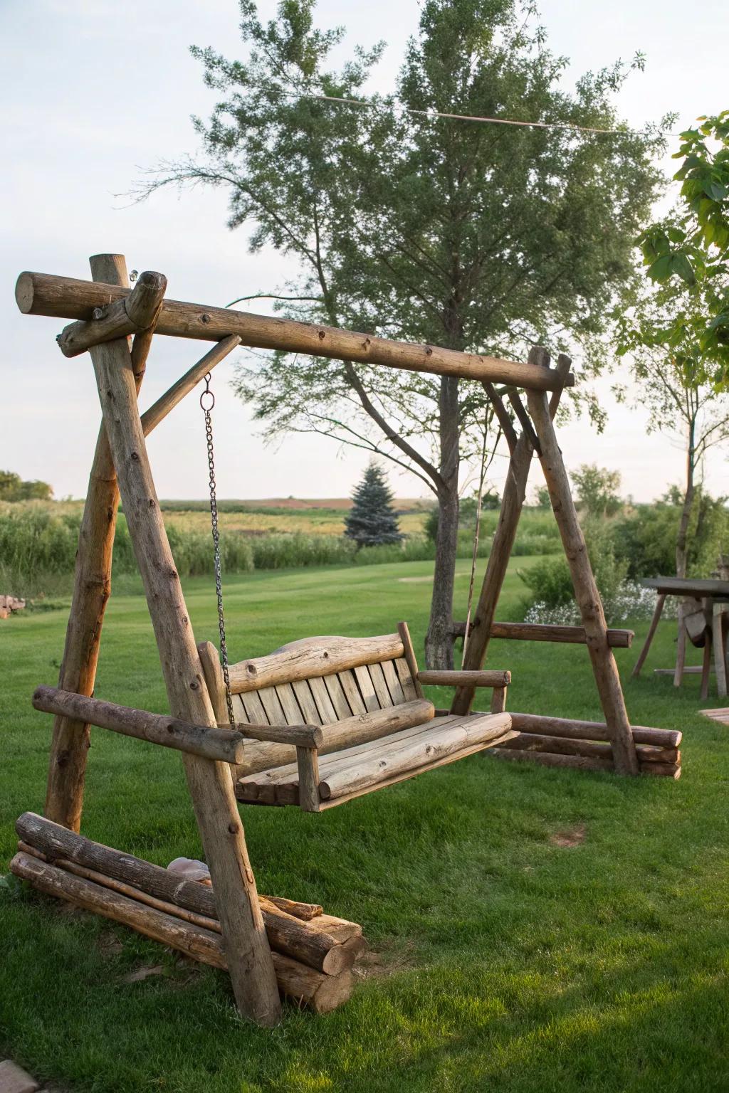 Natural log bench beside a backyard swing set.