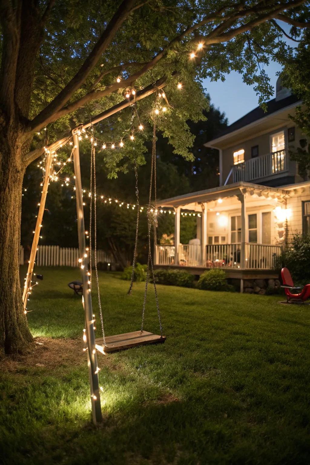 Whimsical string lights illuminating a backyard swing set.