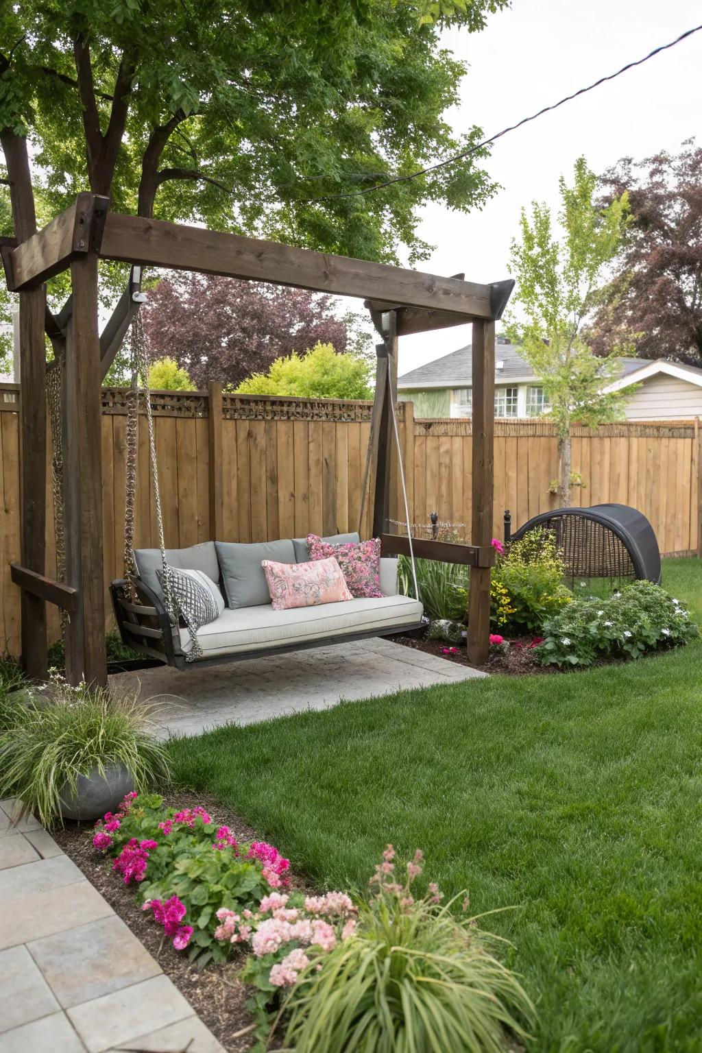 Cozy seating area near a backyard swing set for adults.