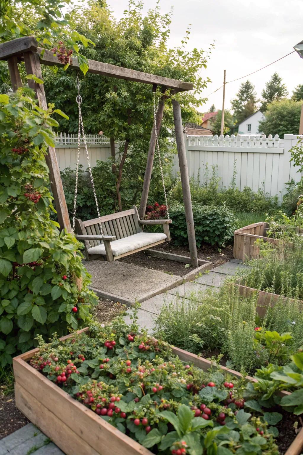 Swing set surrounded by an edible garden with berry bushes.