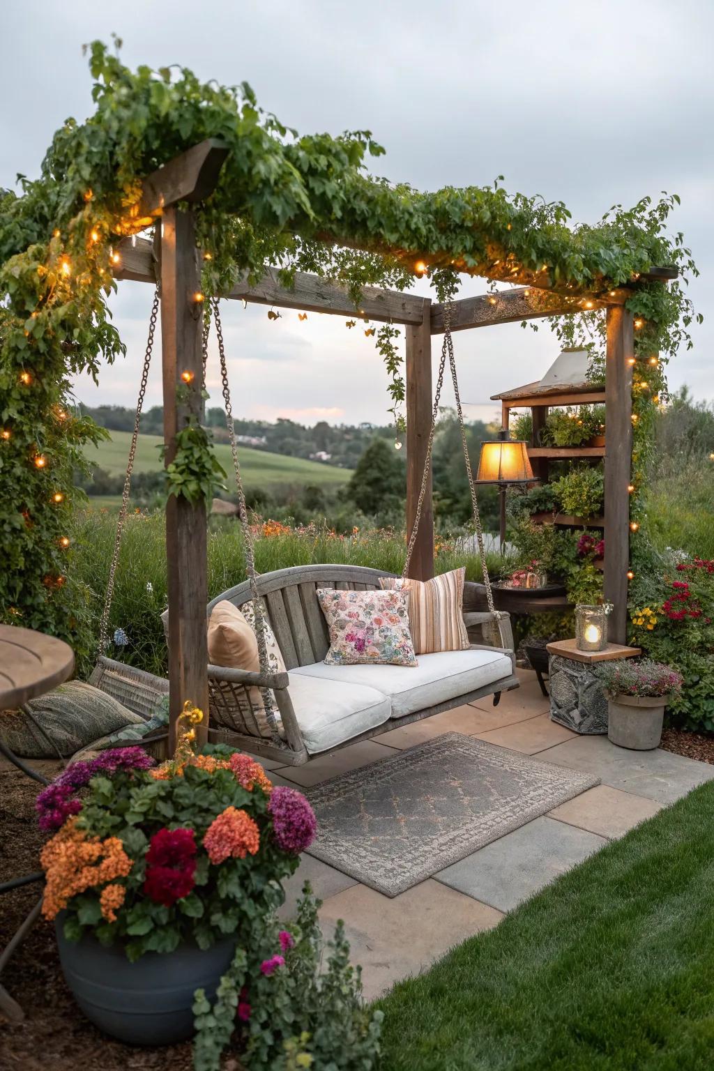 Swing set area enhanced with fragrant plants and cozy seating for a mini retreat.