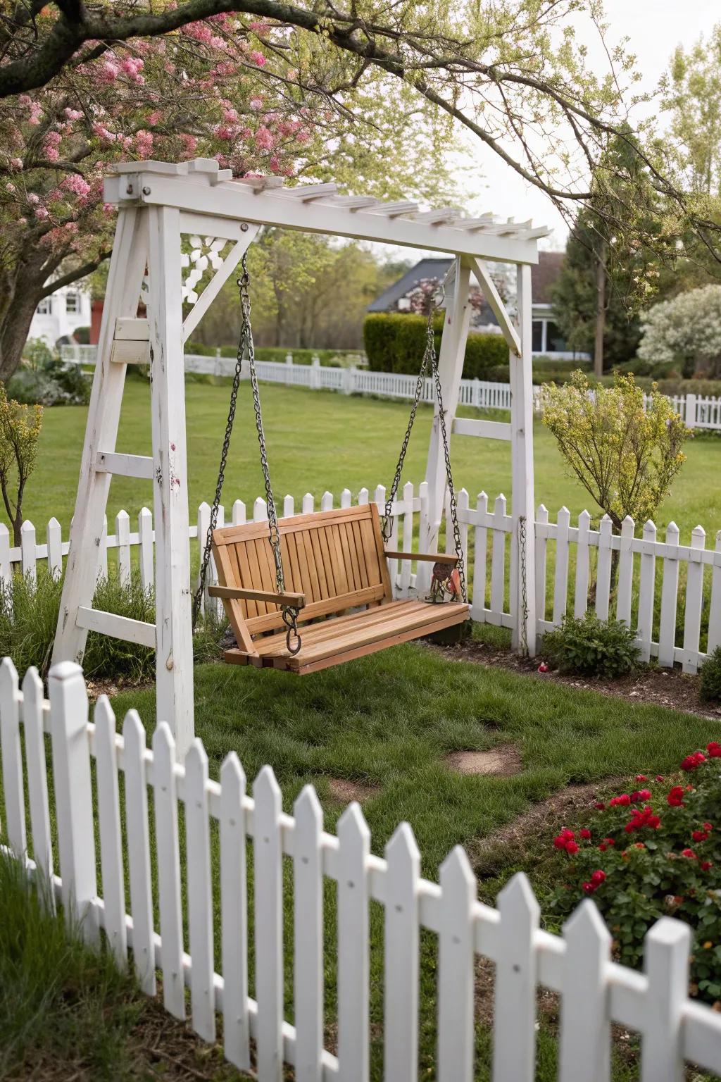 Swing set enclosed by a quaint white picket fence.