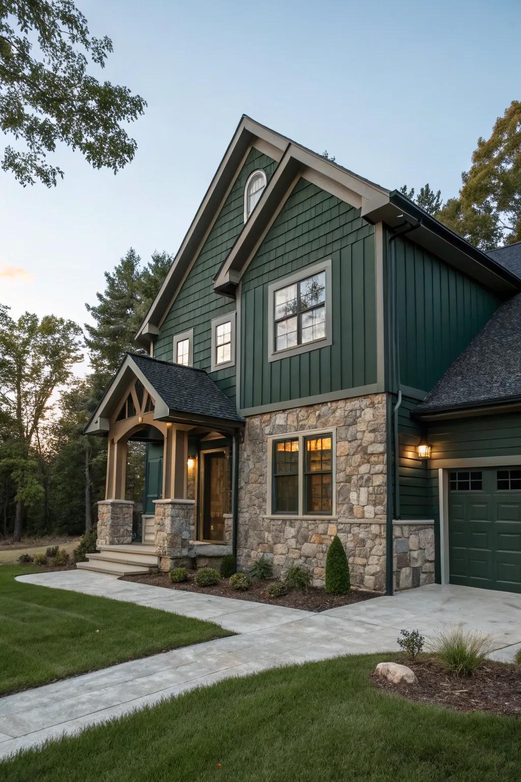 Stone accents add a rustic charm to a dark green exterior.