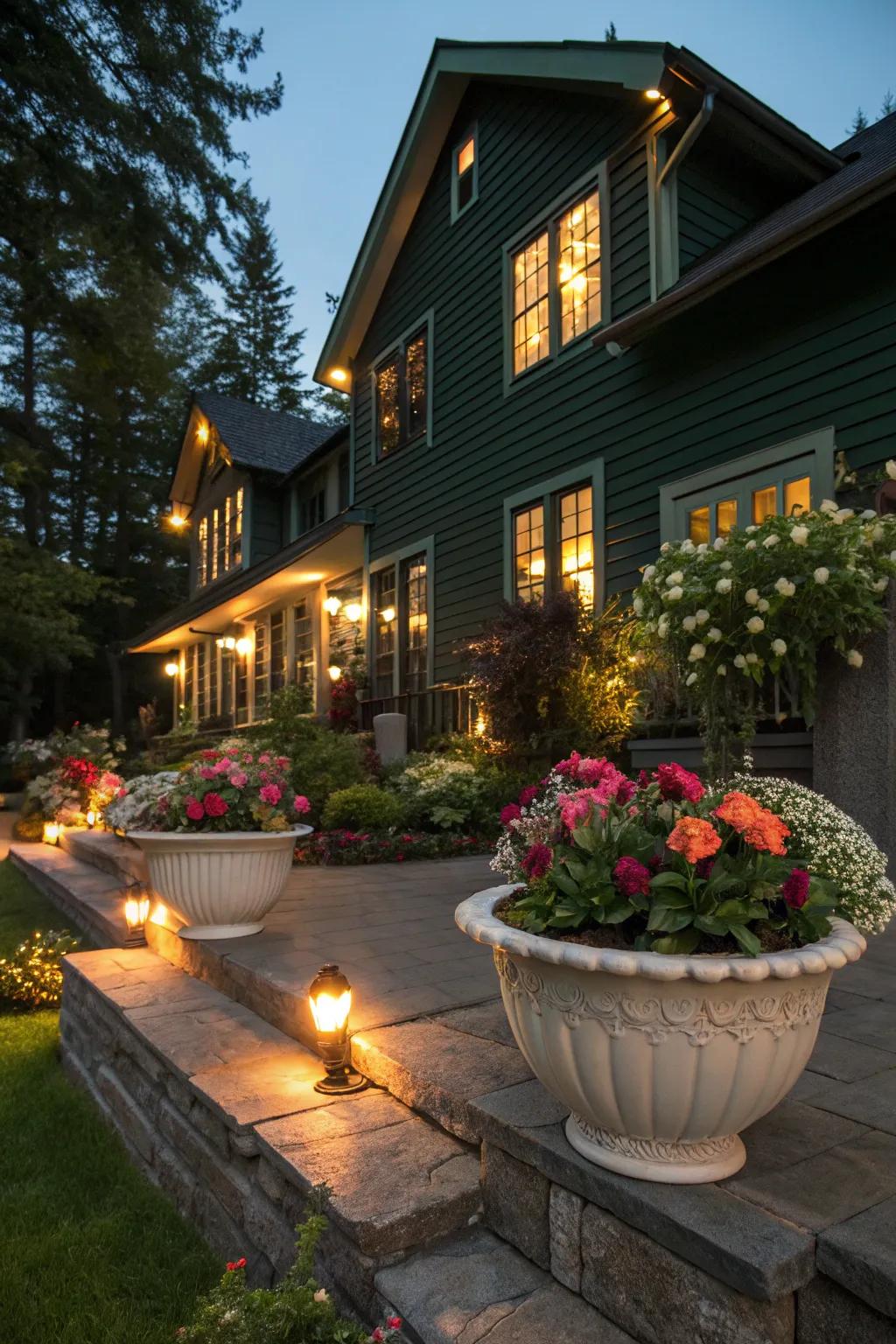 Creative planters and lighting bring charm to a dark green exterior.