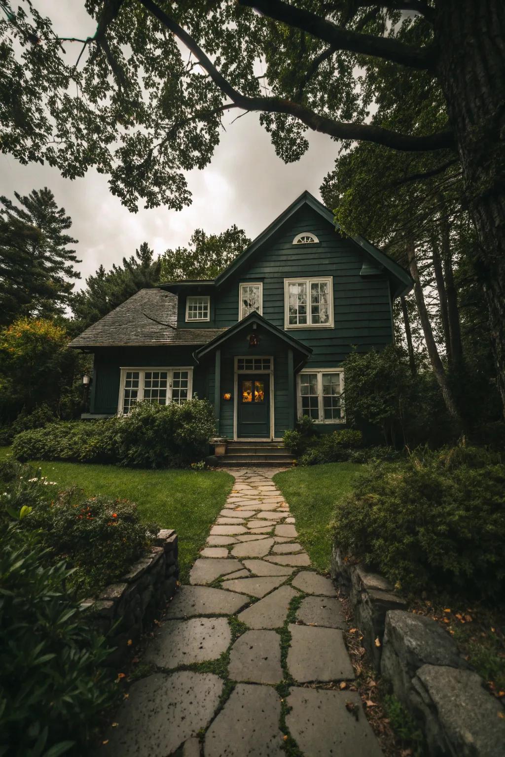 A stone path adds an elegant entrance to a dark green home.
