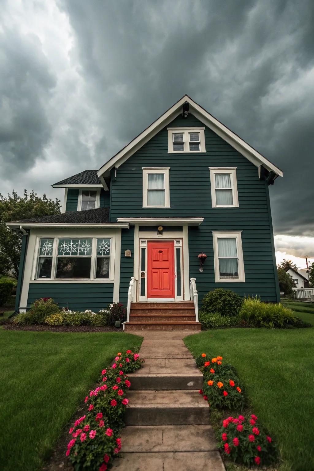 A bold front door adds a pop of color to a dark green exterior.
