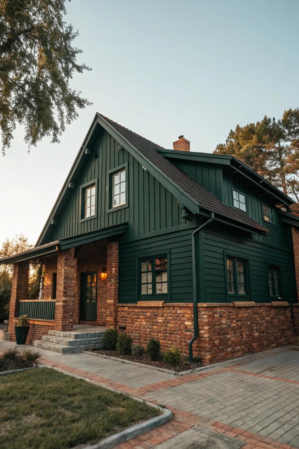 Brick accents lend a timeless appeal to a dark green house.