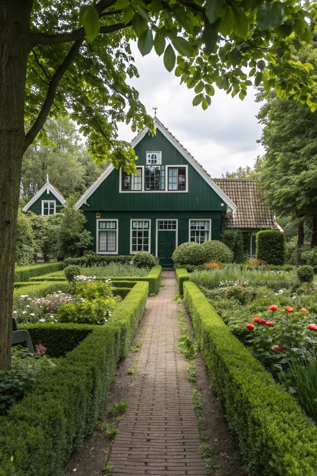 A striking contrast of dark green and white creates an eye-catching exterior.