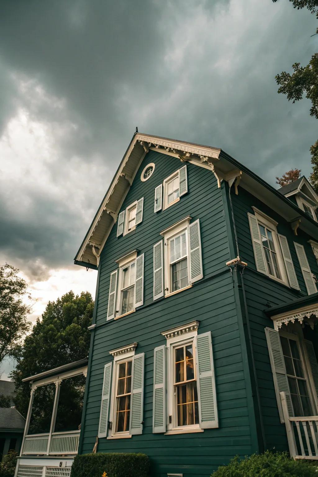 Contrasting window frames add depth to a dark green facade.
