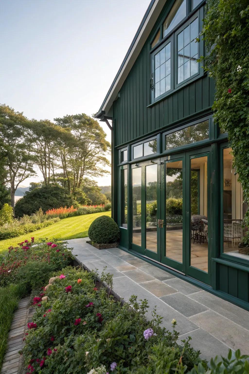 Glass elements add a modern touch to a dark green home.