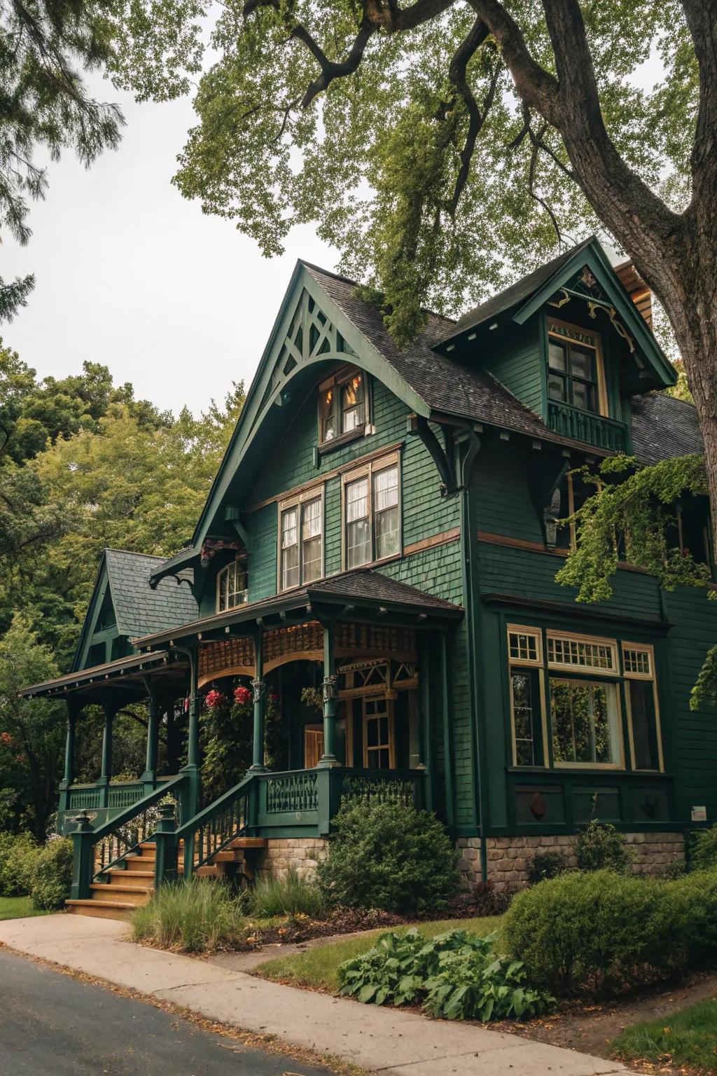 A craftsman-style home with a rich dark green exterior and intricate wood accents.