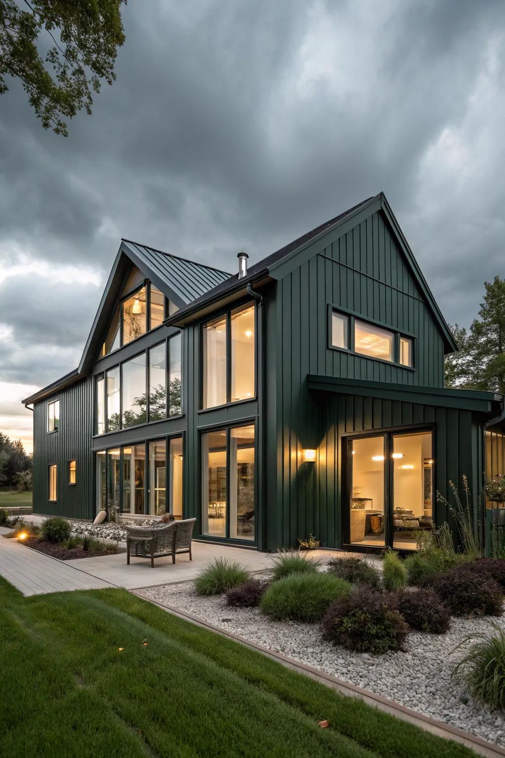 A modern masterpiece with a dark green facade, sleek lines, and expansive windows.