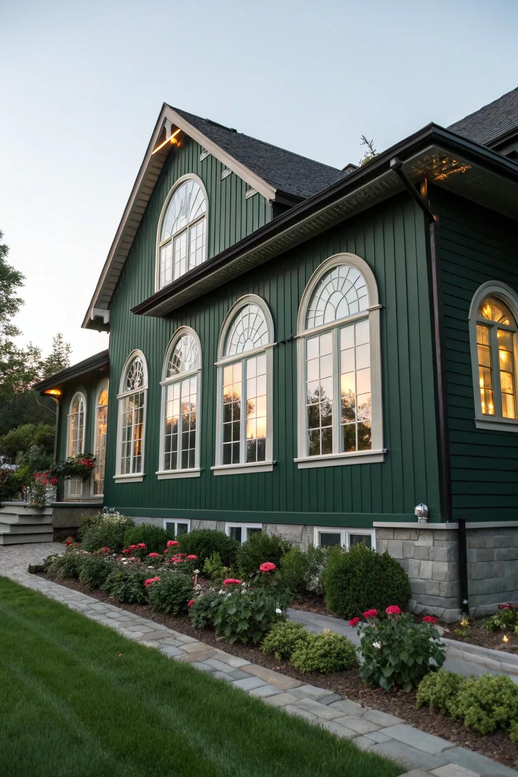 Arched windows add vintage charm to a dark green home.
