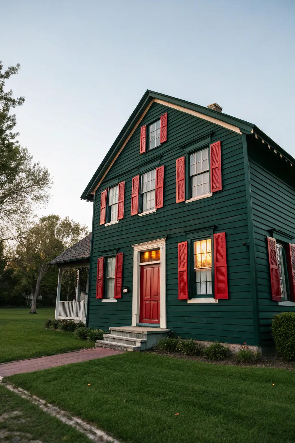 Red accents create a striking contrast against a dark green exterior.