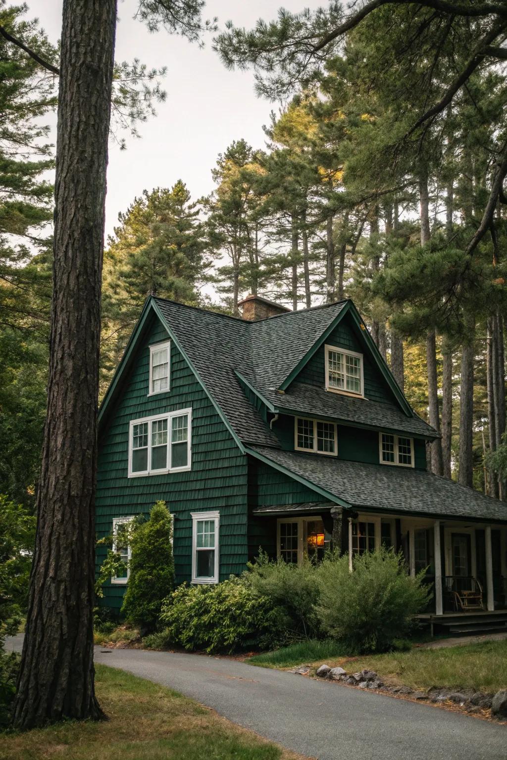 Shingle siding adds a rustic touch to a dark green home.