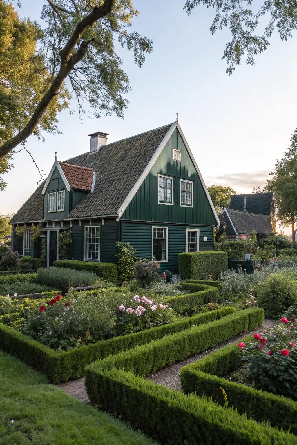 A classic home with gabled roofs in dark green, exuding timeless elegance.