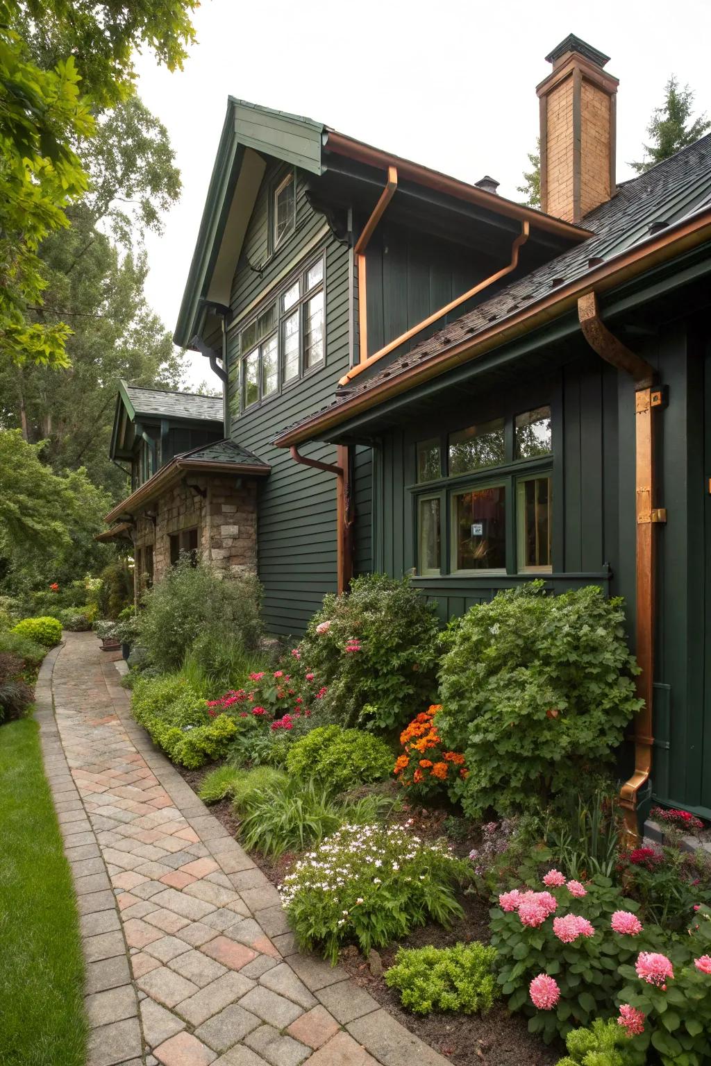 Copper gutters elegantly complement a dark green exterior.