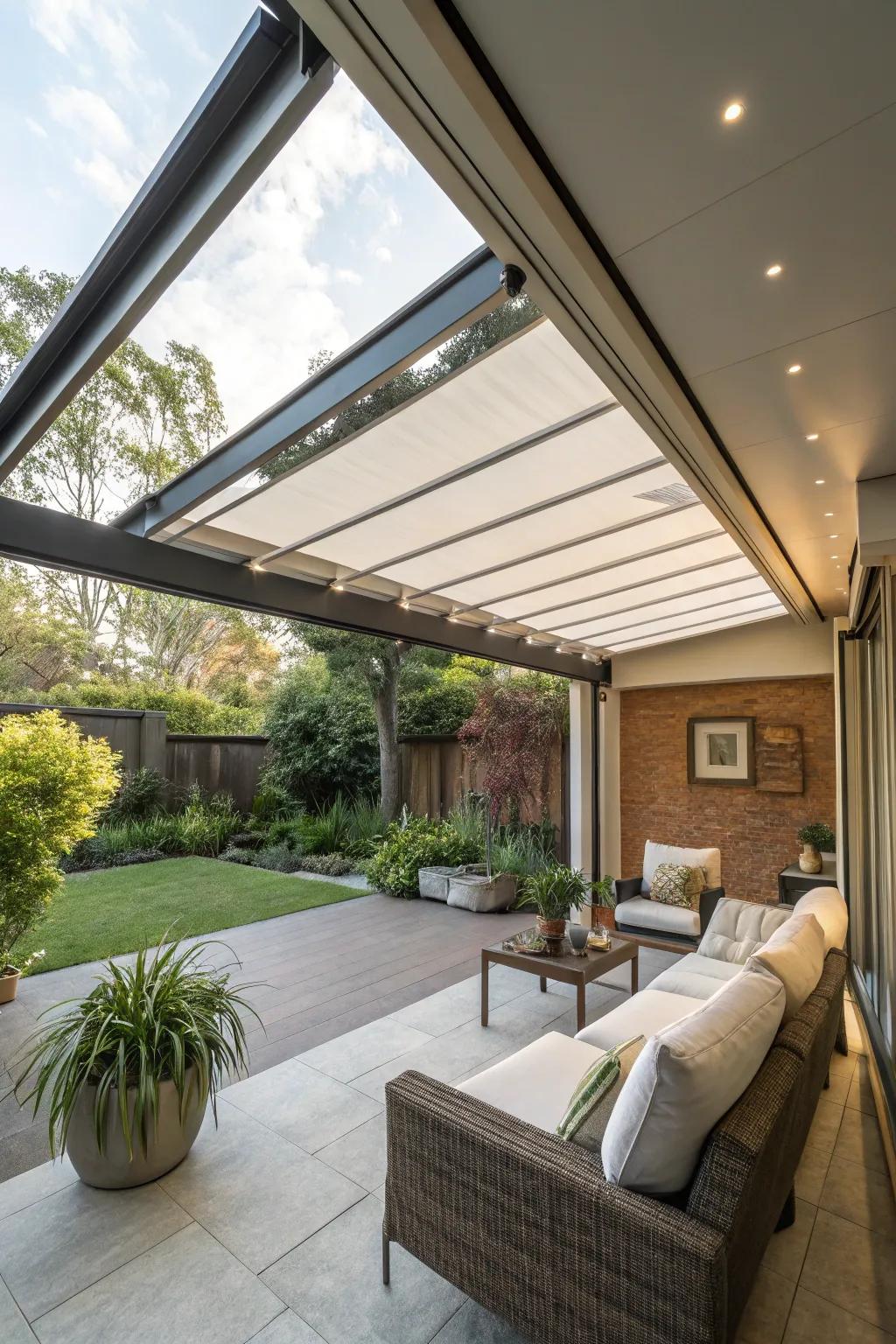 A retractable roof overhang provides versatile outdoor coverage.