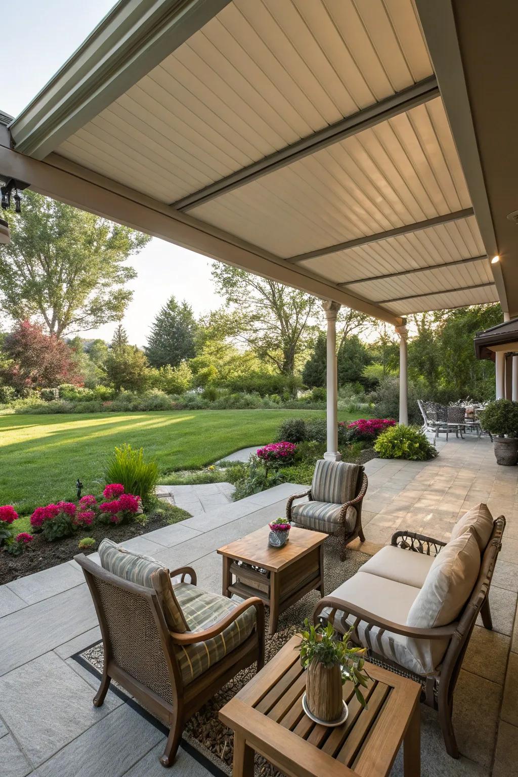 An extended roof overhang offers generous shade for your outdoor space.