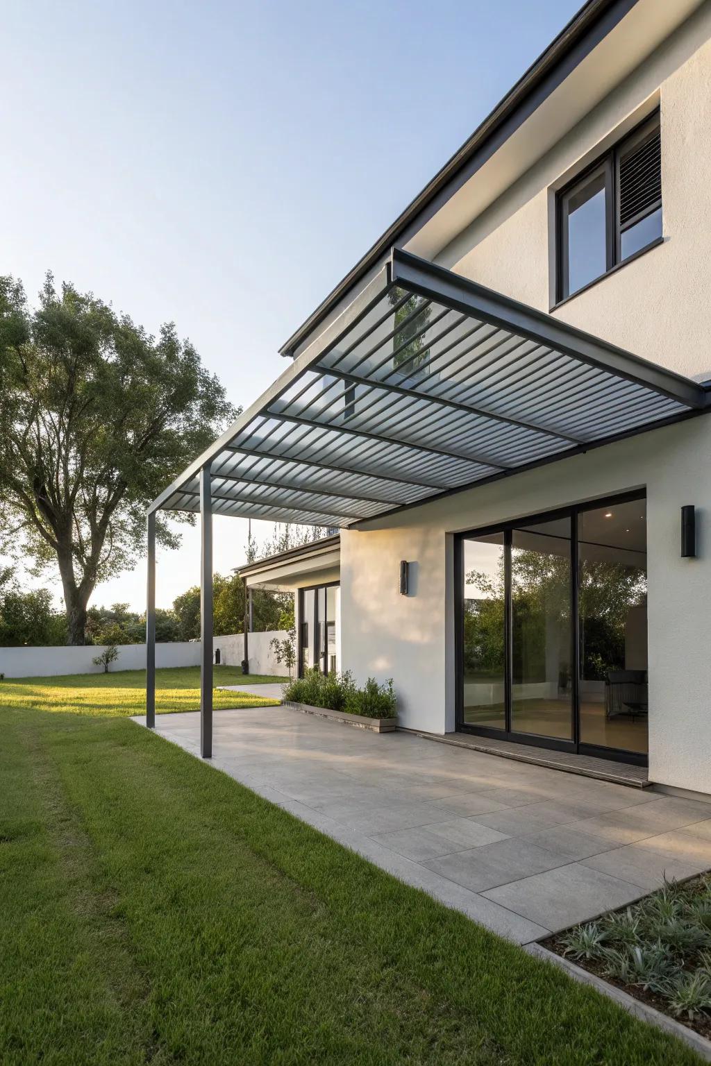 A minimalist metal overhang offers a sleek, modern aesthetic.