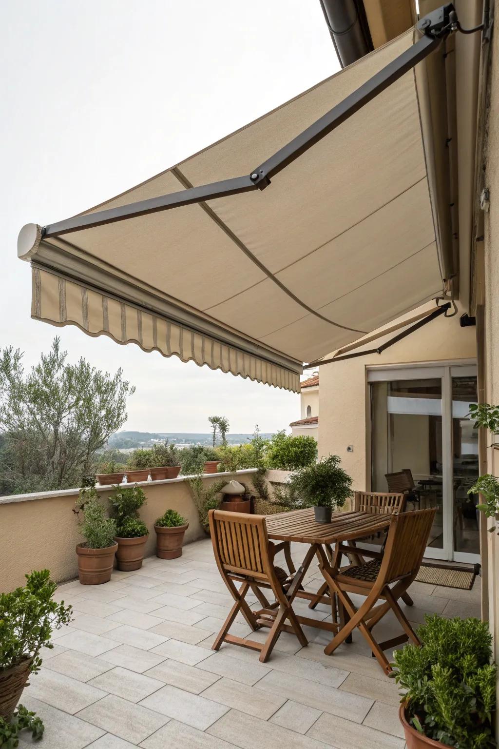 A foldable awning overhang offers flexible shade solutions.
