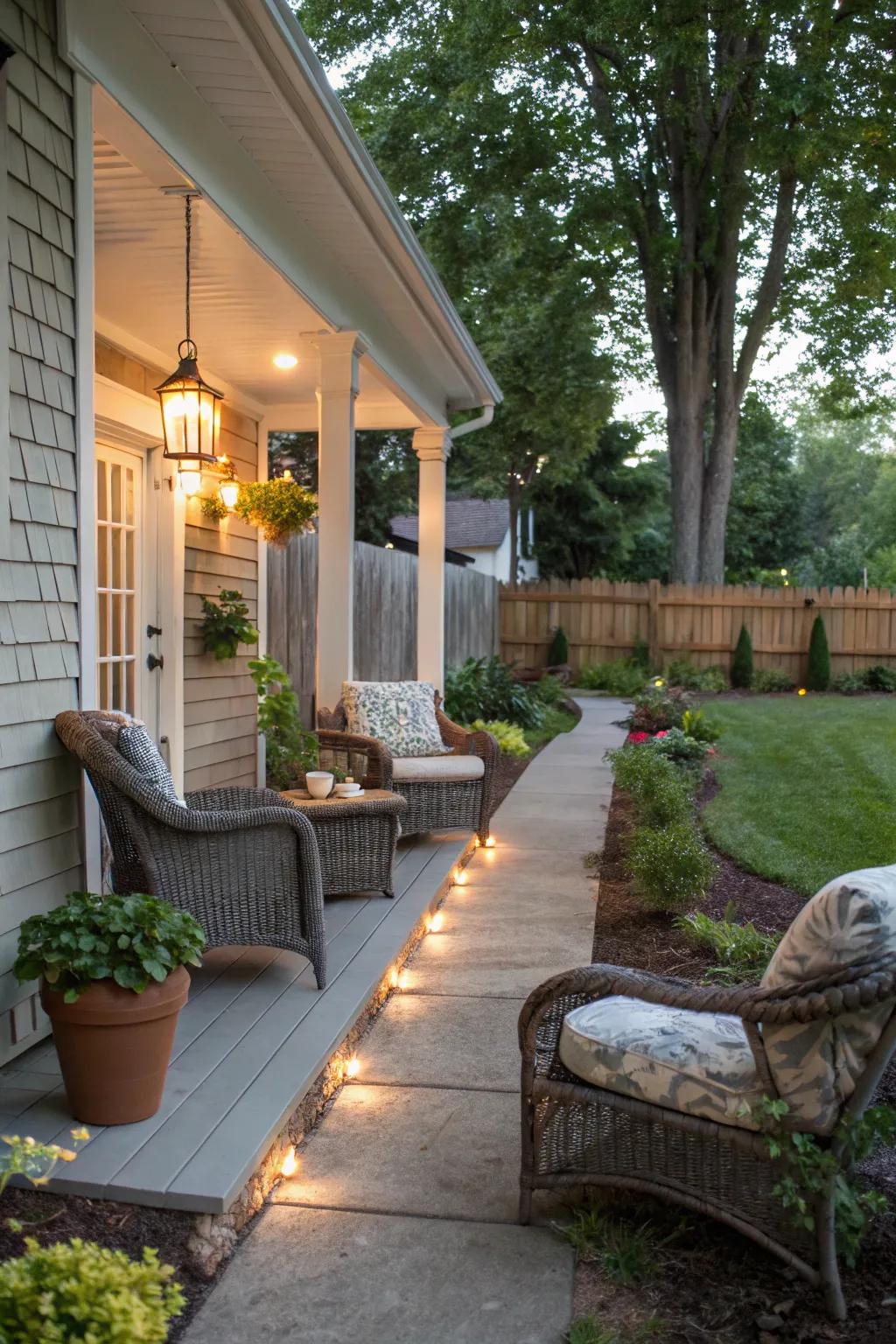 Path lights guide the way with charm.