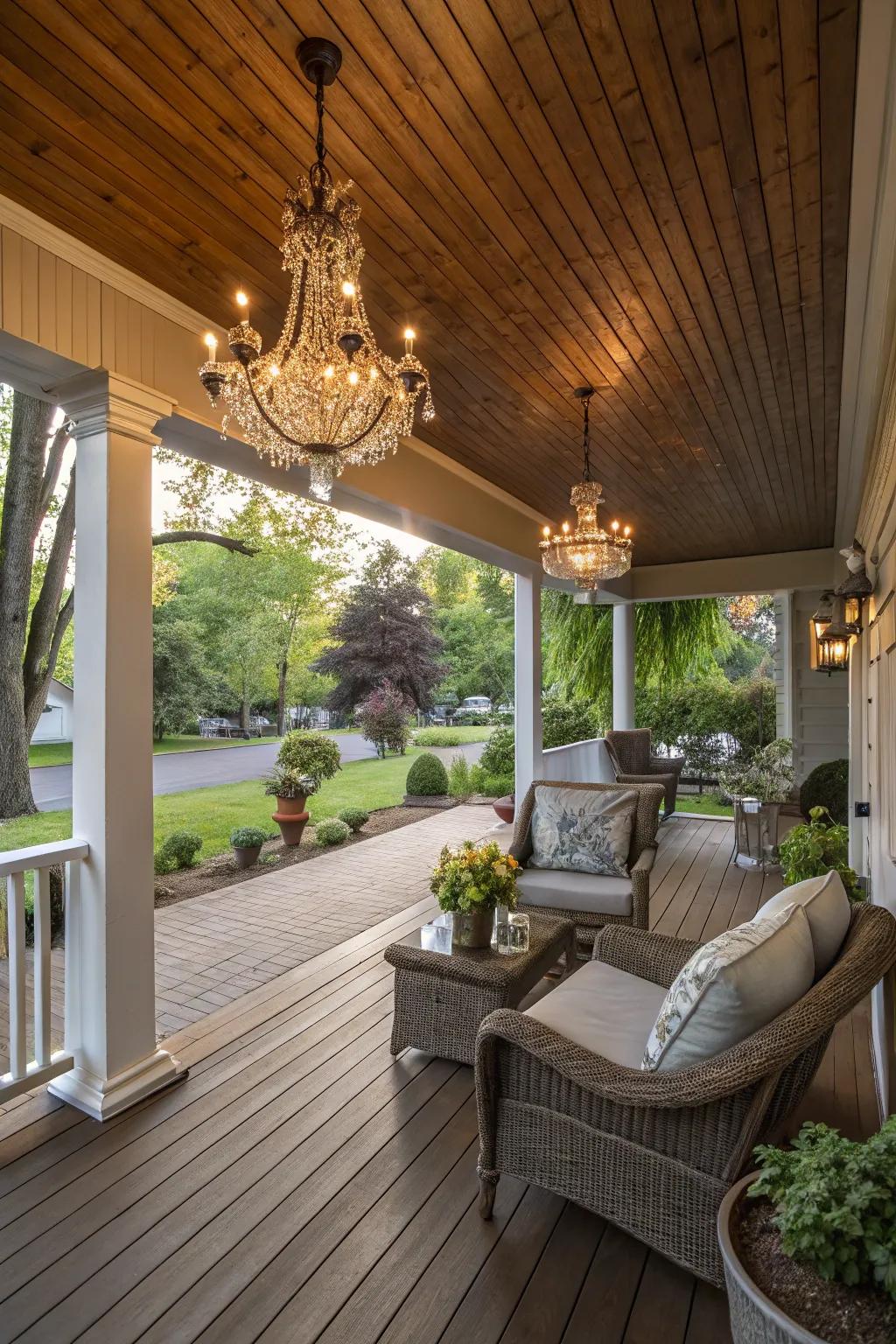 Chandeliers bring unexpected luxury outdoors.
