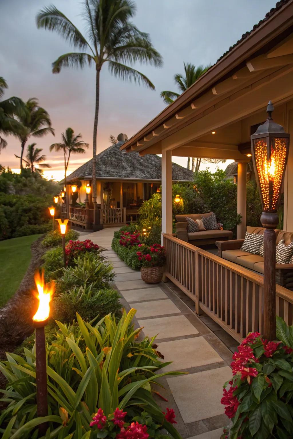 Torches create a dramatic, tropical ambiance.