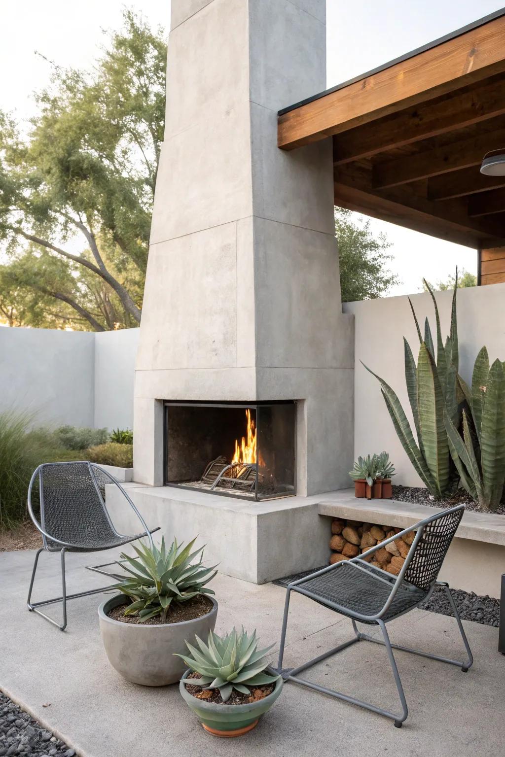 A modern minimalist corner fireplace for a sleek outdoor look.