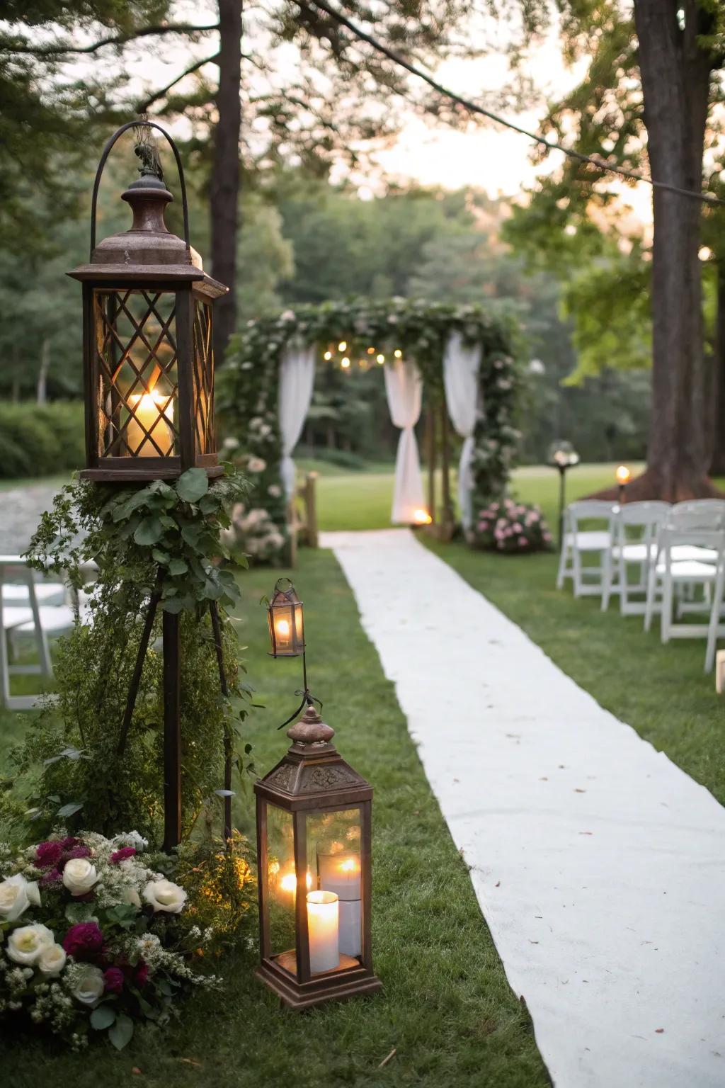 Whimsical vintage lanterns suspended in trees.