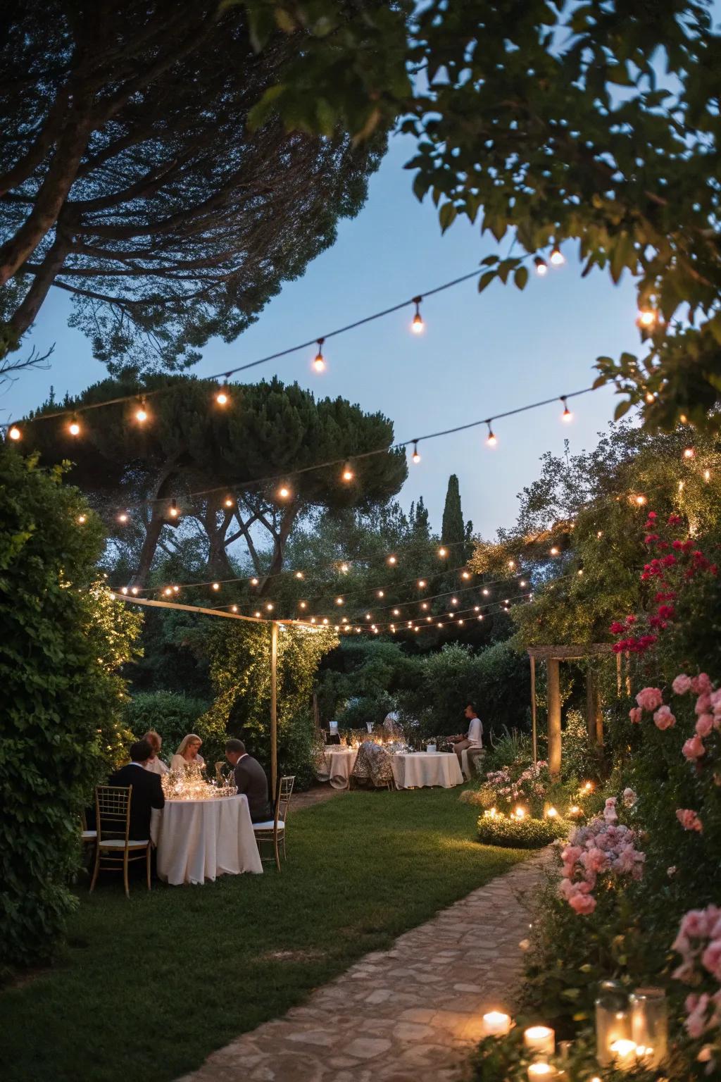String lights creating a cozy evening atmosphere in the garden.