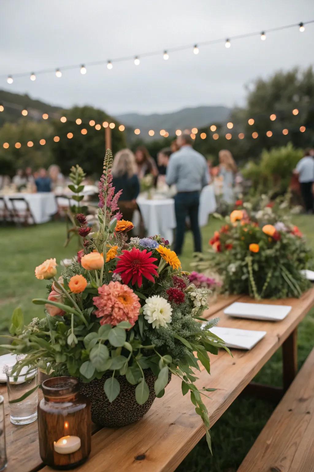 Lush garden-grown flowers featured in stunning centerpieces.