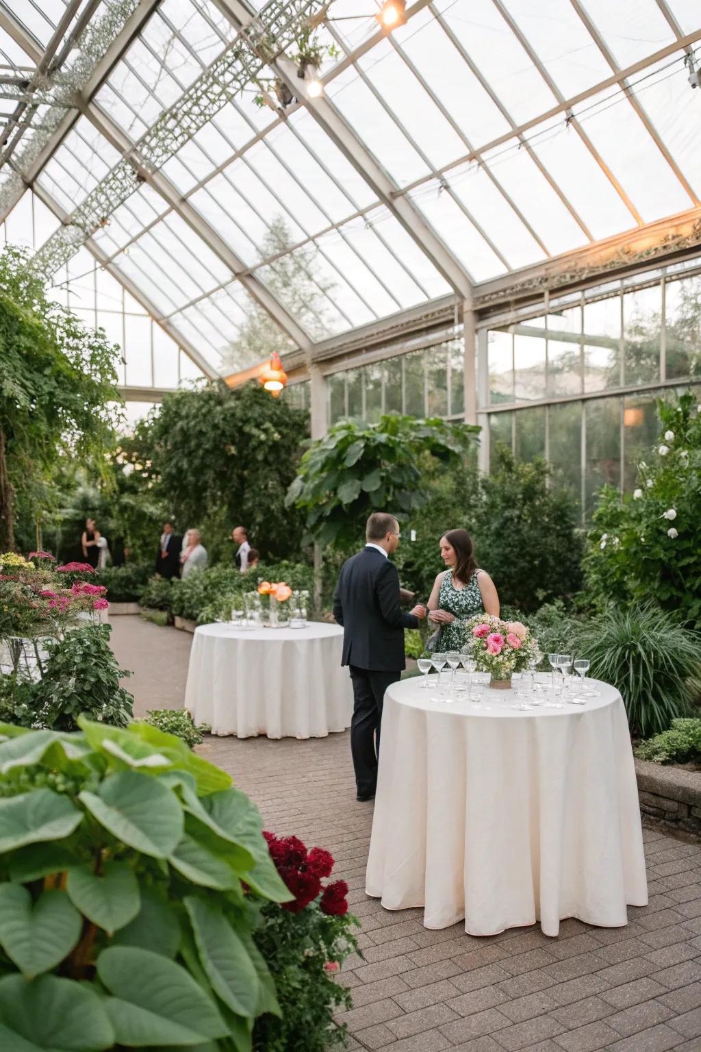 Cozy greenhouse filled with plants and sunlight for cocktail hour.