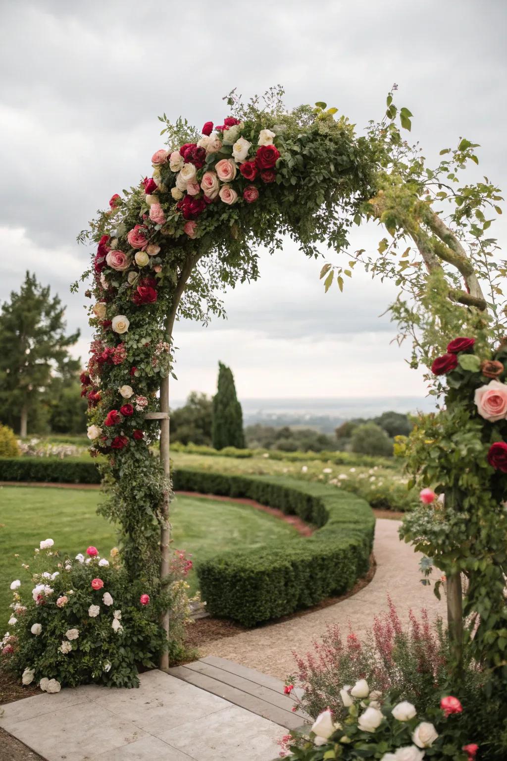 A lush floral arch welcoming guests with roses and greenery.