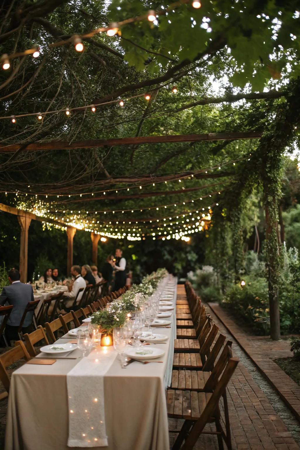 Cozy garden dining space embraced by nature and soft lighting.