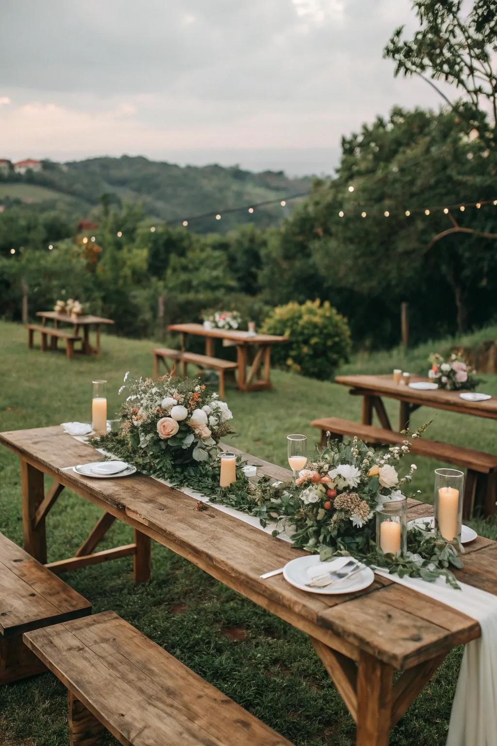 Rustic wooden tables perfectly harmonize with nature.