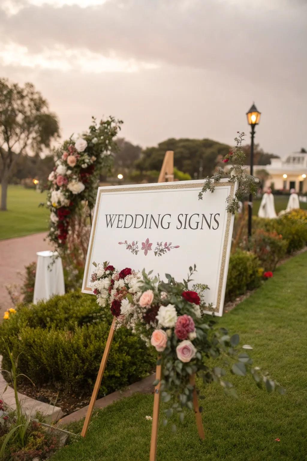 Custom wooden wedding signs marking different areas with charm.
