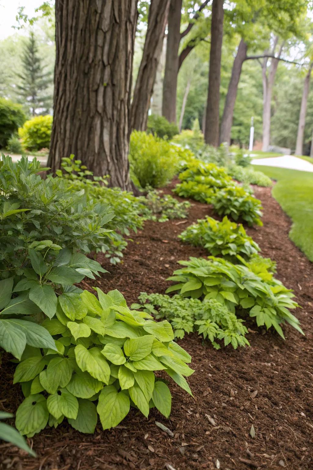 Trees and shrubs thriving with the help of brown mulch.
