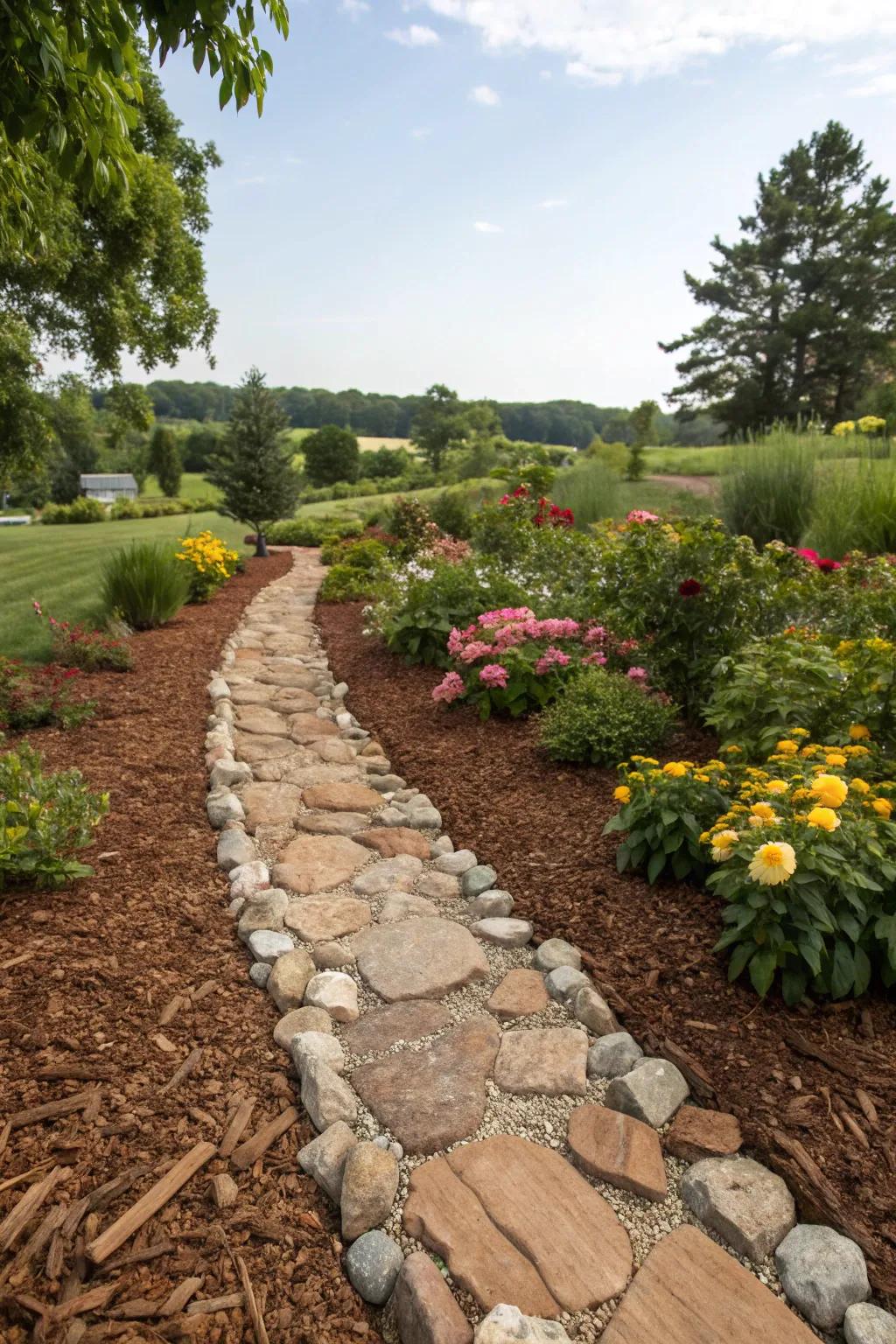 A welcoming garden walkway with brown mulch and stones.