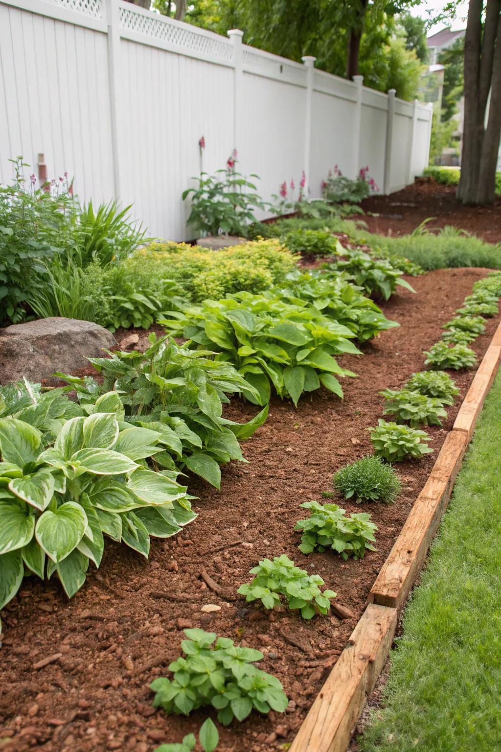 Well-defined garden borders enhanced with brown mulch.