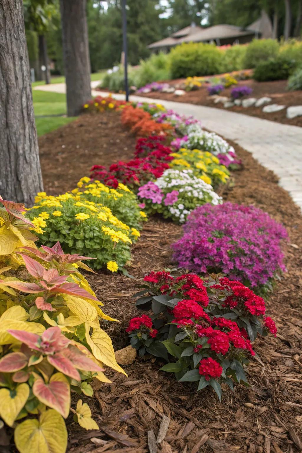 Vibrant plant colors enhanced by brown mulch.