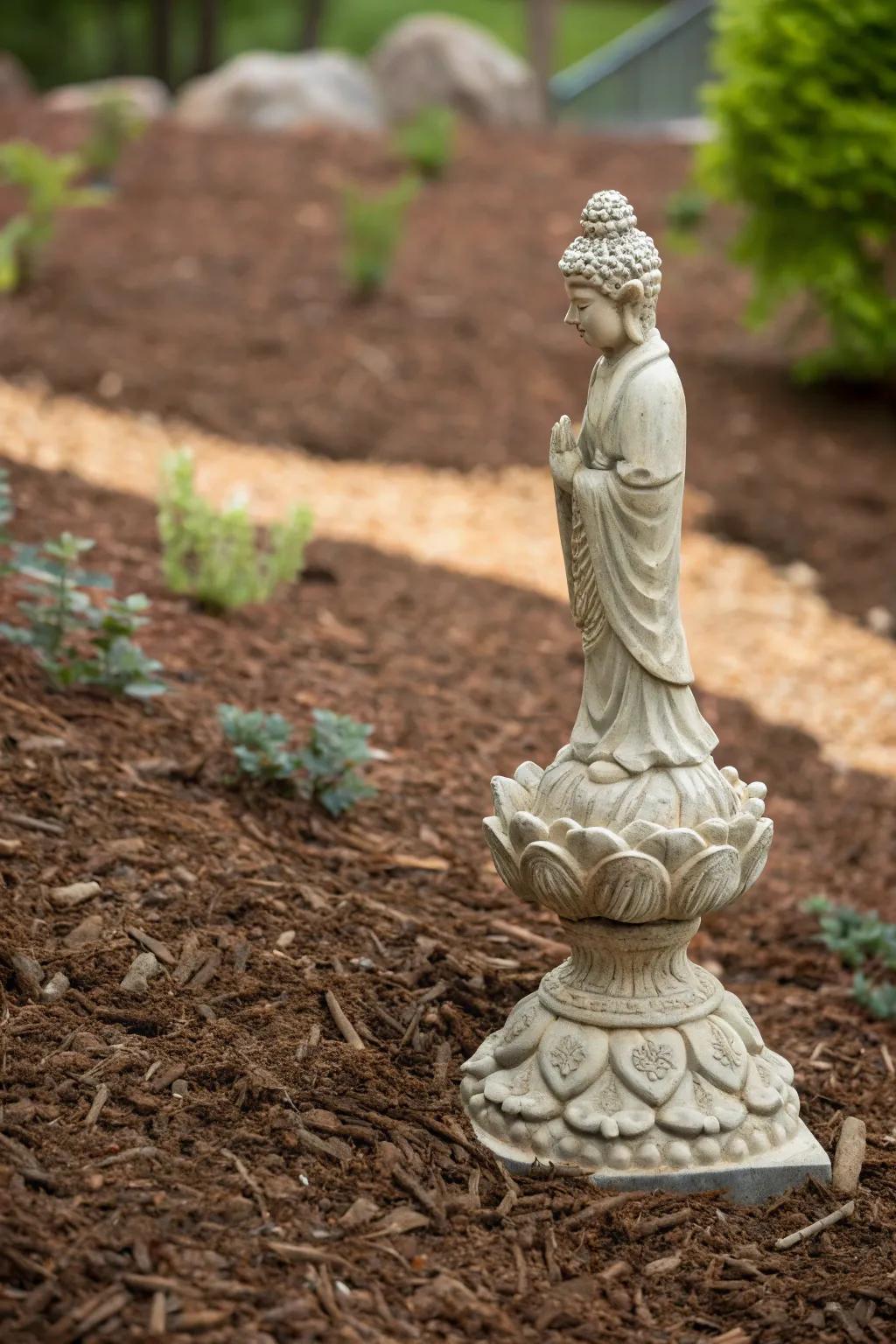Garden sculpture highlighted by brown mulch.