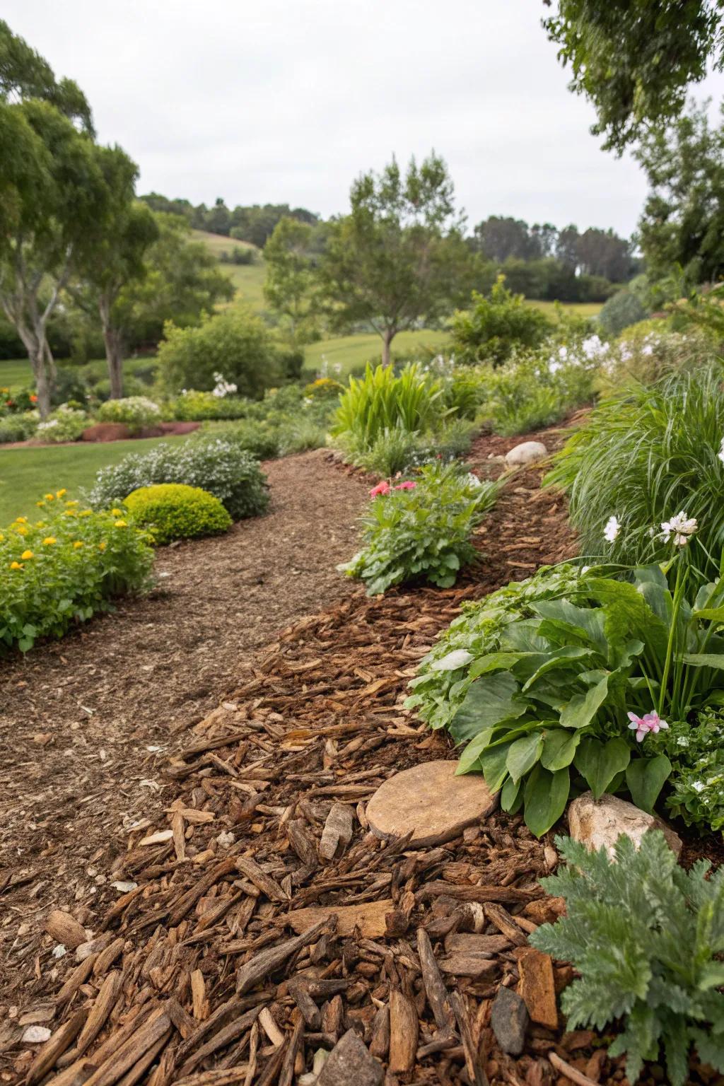 Textured garden landscape with layered brown mulch.