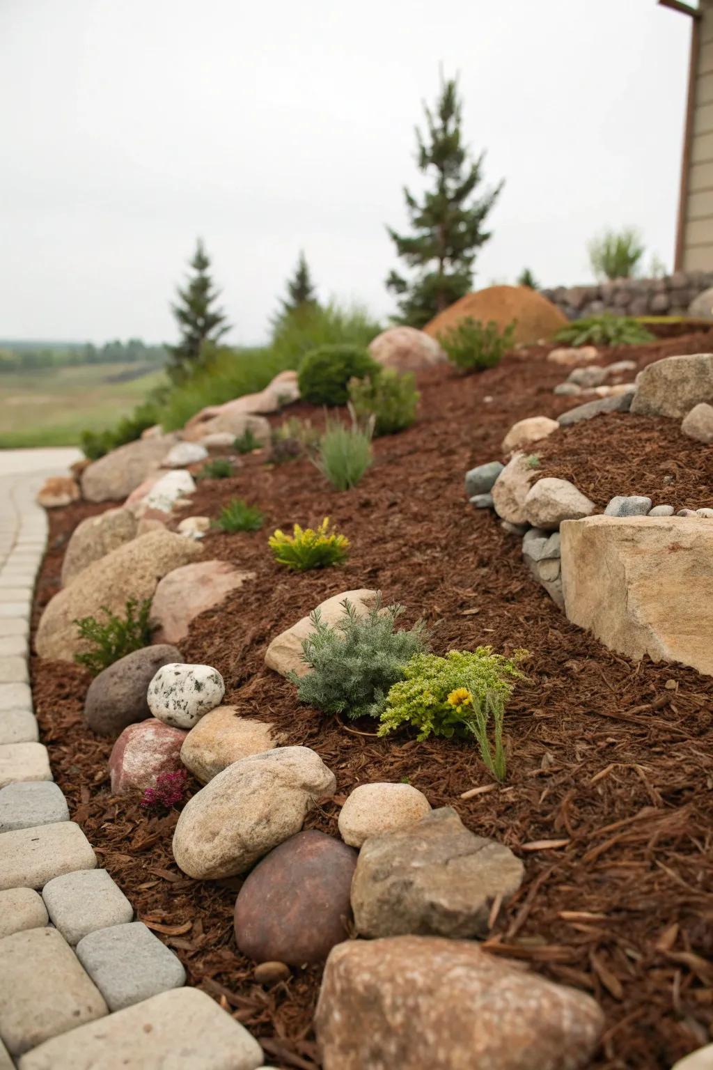 A rock garden beautifully enhanced with brown mulch.