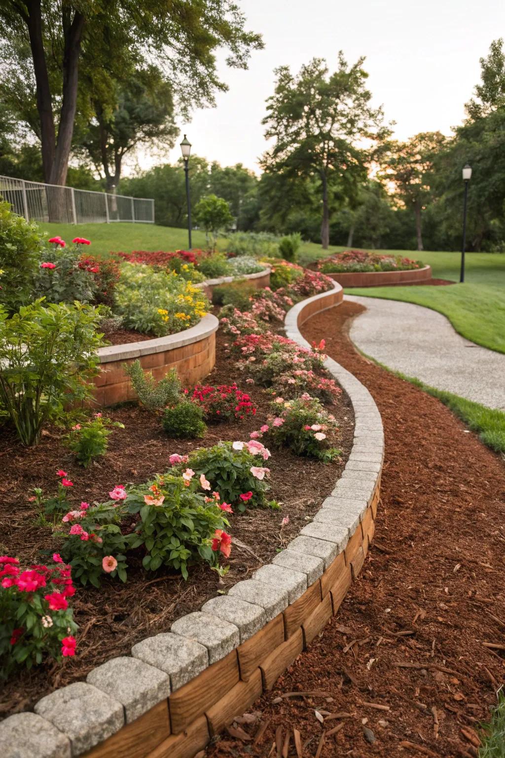 Elegant curved garden beds with brown mulch.