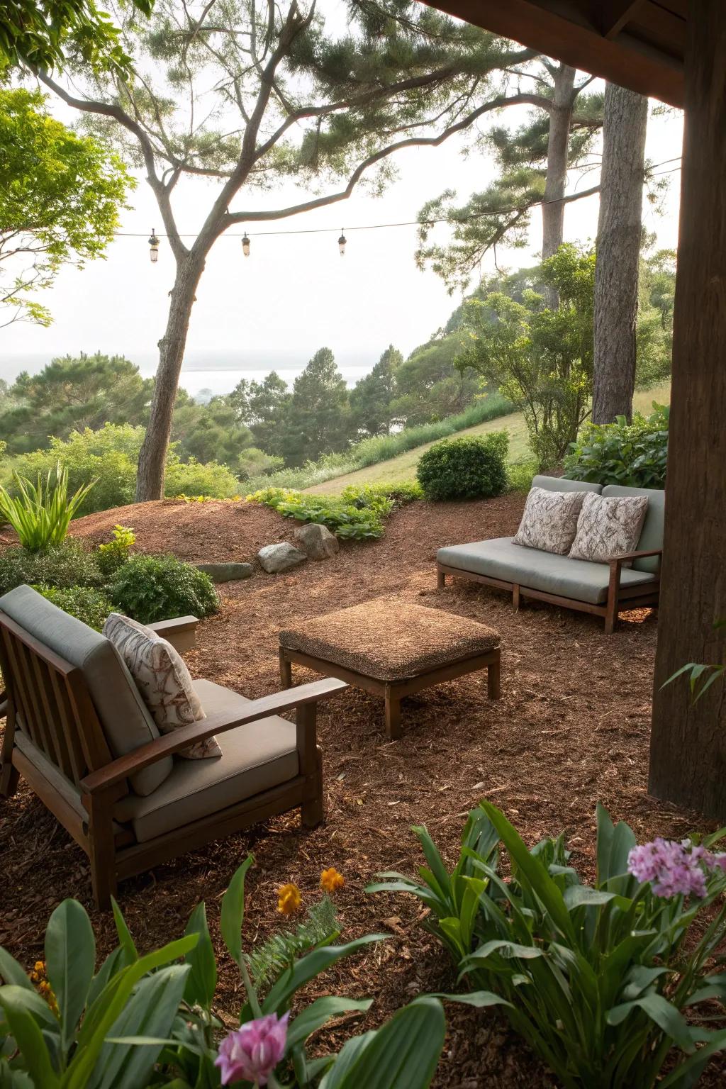 A peaceful meditation corner with brown mulch.