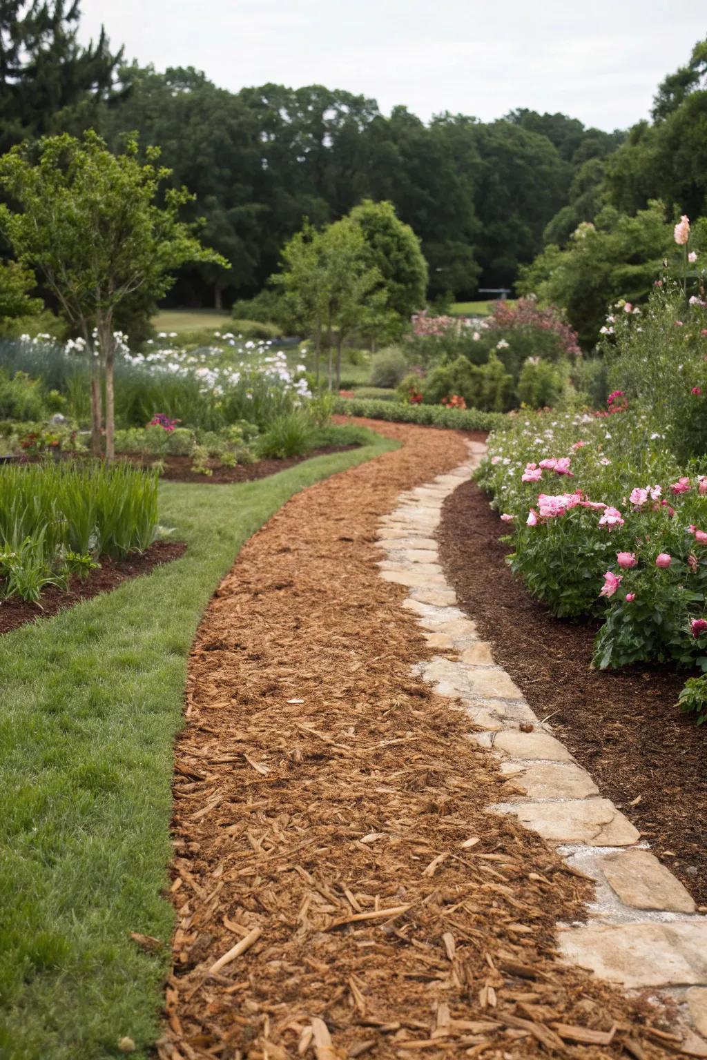 Visual pathways in a garden made with brown mulch.