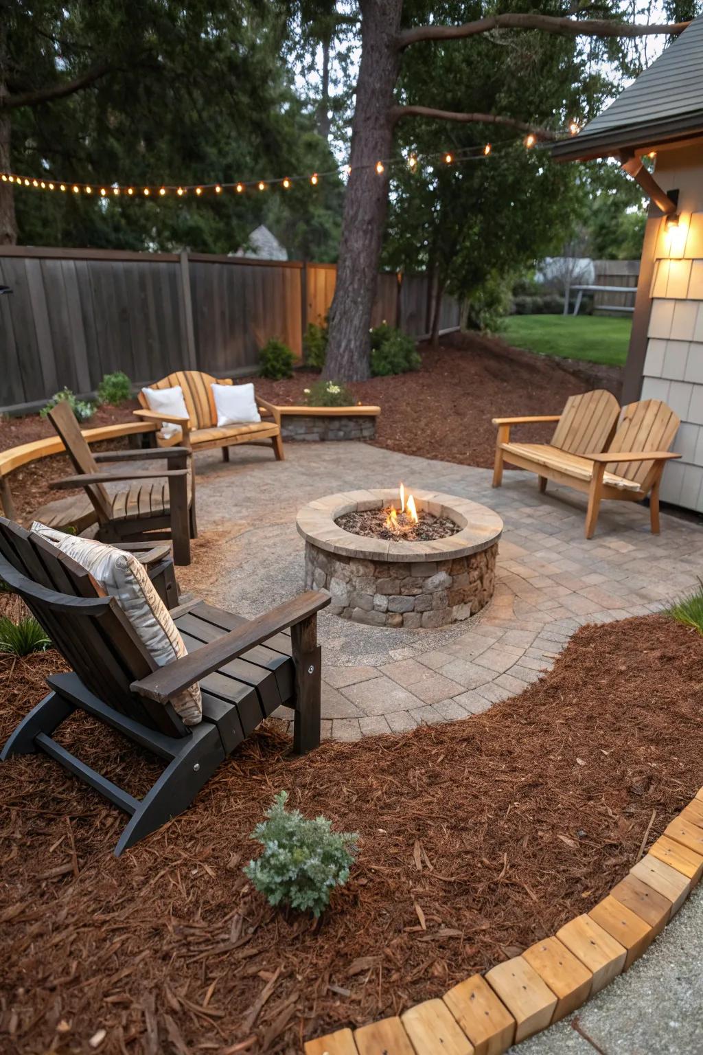 A cozy fire pit area enhanced with brown mulch.