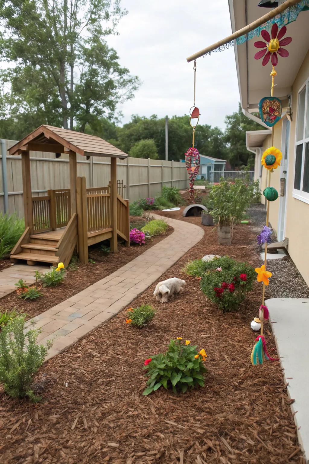 A pet-friendly garden space with brown mulch.
